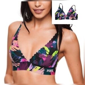 VS PINK Bonded Scalloped Bralette Silky Bra Sz L Neon Tropical Palm Floral NWT